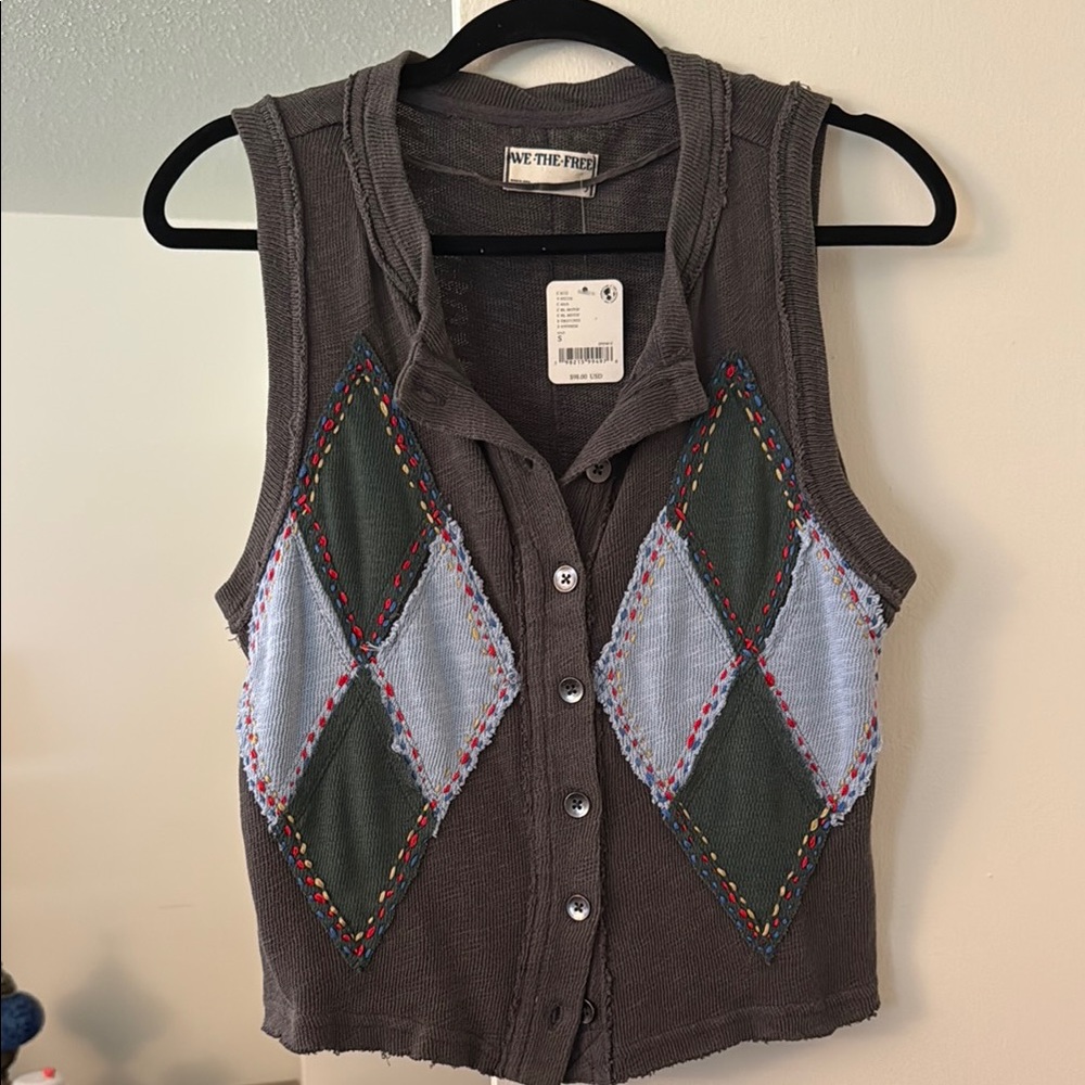 We The Free Gray Argyle Knit Vest